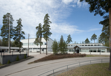 Valkoinen koulurakennus, ympärillä mäntyjä.