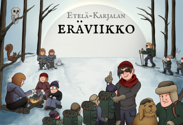 Eräviikon piirroksessa lapsia talvisessa luonnossa.