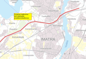 Karttakuva ratatyömaasta Imatran Korvenkannan kohdalla.