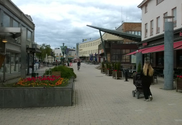 Kävelykatumaisema istutuksineen ja liikkkeineen