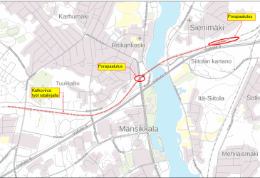 Karttakuva Imatralta ratatyömaakohteista 11._12.9.2021.