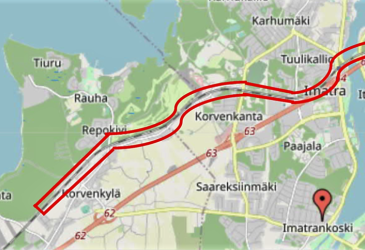 Karttakuva Imatrasta kaksoisraidetyömaa-alue punaisella merkittynä.