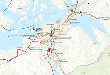 Imatran kartta, johon on merkitty pyöräreitit ja niiden varrella olevat yritykset