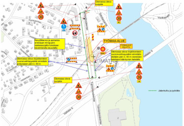 Karttakuva Tainionkoskentien muuttuvista liikennejärjestelyistä 21.12.2021 alkaen.
