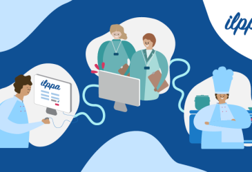 Ilppa-palvelun mainoskuva. Piirroskuva jossa ilmoituksentekijä, tarkastajia ja elintarviketyöntekijä. Tekstinä kuvassa ilppa.