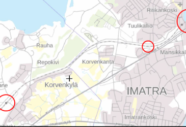 Kartta, jossa näkyy ratatöiden paikat Mansikkalassa ja Rauhassa.