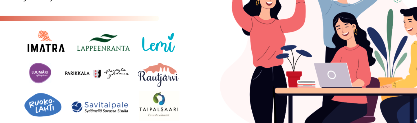 Etelä-Karjalan rekrytuki-kuva piirroshahmoilla ja kuntien logoilla.