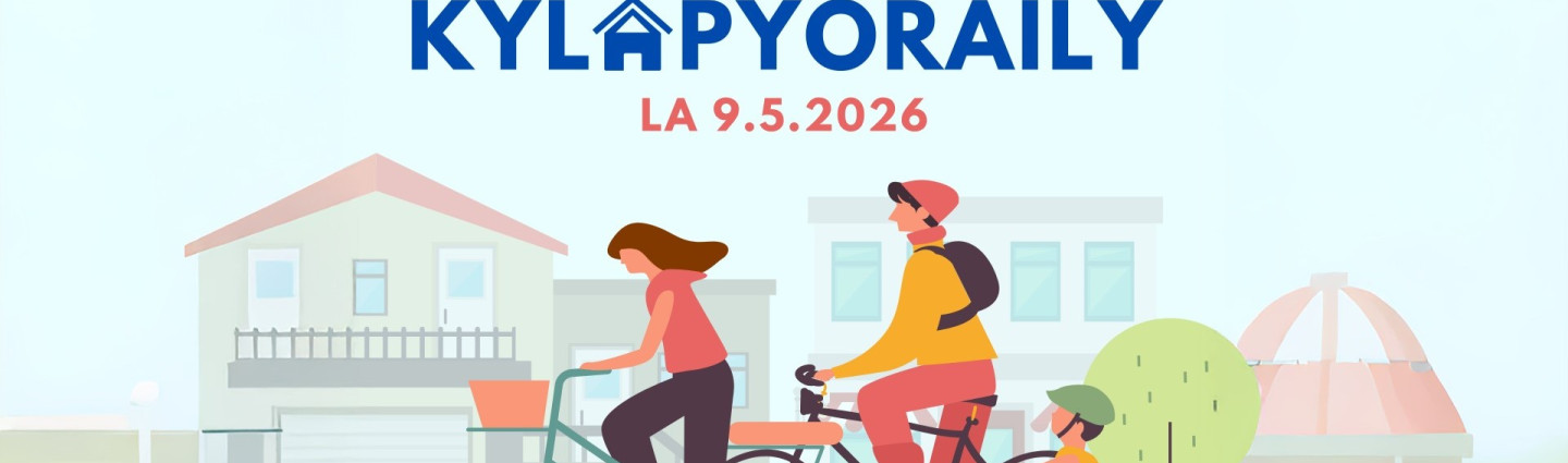 Mainos Imatran kyläpyöräily -tapahtumalle 9.5.2026. Kuvassa on piirretty maisema, jossa kolme henkilöä polkee polkupyörillä taajamaympäristössä. Taustalla näkyy rakennuksia ja puistomainen alue. Alareunassa ovat Imatran kaupungin ja EKLU:n logot.