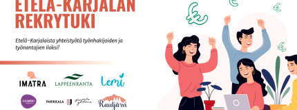 Etelä-Karjalan rekrytuki-kuva piirroshahmoilla ja kuntien logoilla.