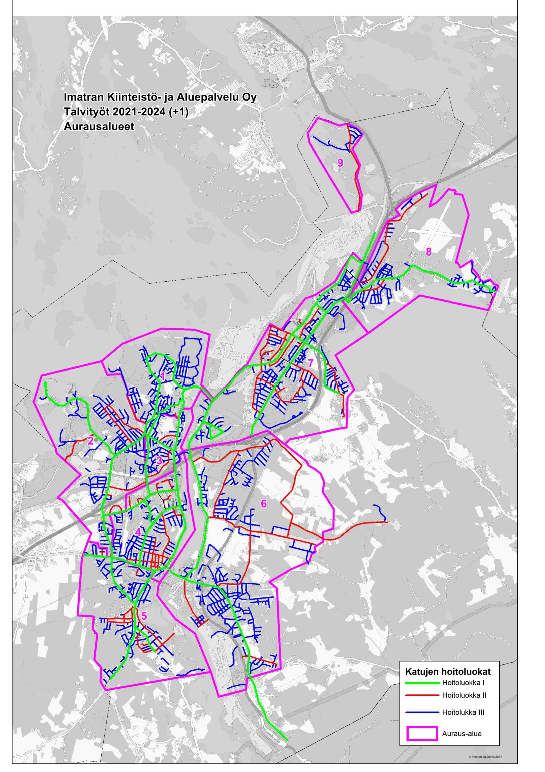 Katujen hoitoluokat ja aurausalueet 2021-2024.