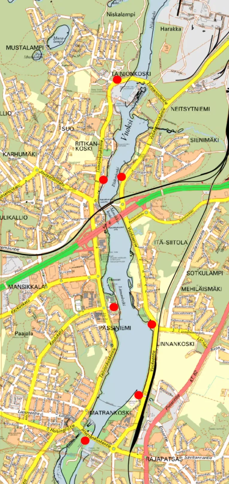 Karttakuva paikoista, joihin roskia voi toimittaa.