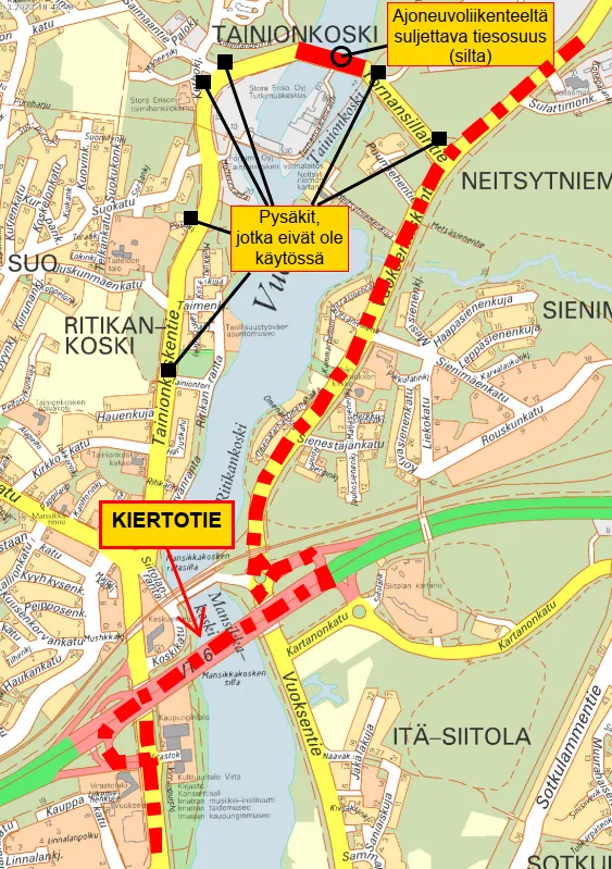 Karttakuva Imatralta Tornansillan sulun ajan kiertotie merkittynä.