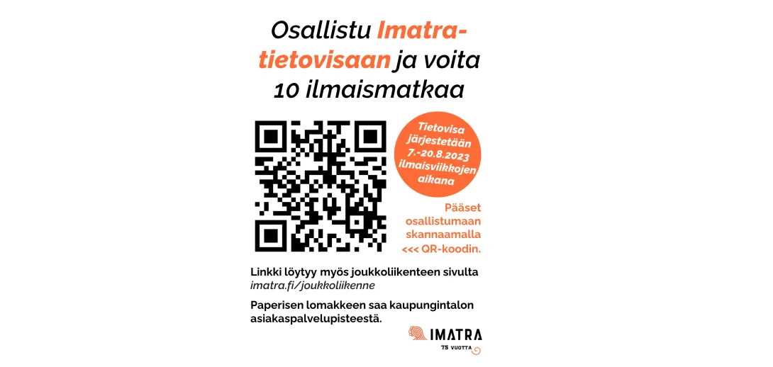 Juliste, jossa Imatra-tietovisan QR-koodi ja aika 7.-20.8.2023