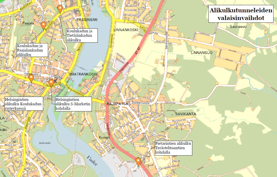 Imatran karttakuvassa merkittynä alikulkutunnelit, joihin vaihdetaan valaisimet.