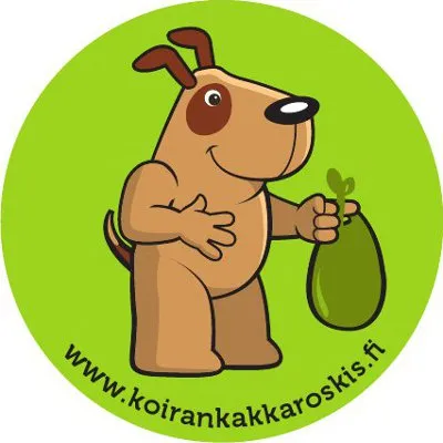 Ympyränmuotoinen koirankakkaroskistarra, jossa piirroskoira roskapussin kanssa.