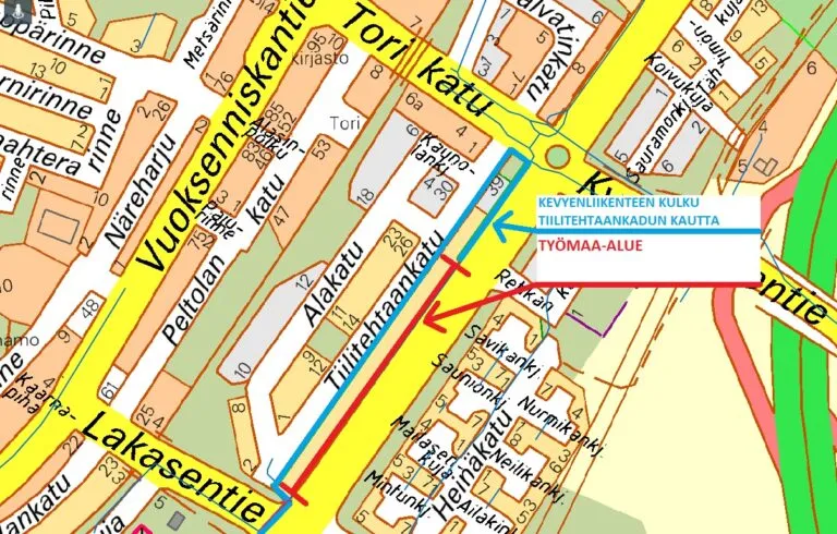 Kartta, josta käy ilmi kevyen liikenteen kulku Tiilitehtaanakadun kautta.