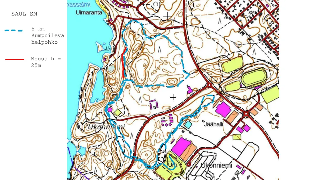 Graafinen kuva Suomen Aikuisurheiluliiton SM-hiihtojen 5 kilometrin latukartasta.