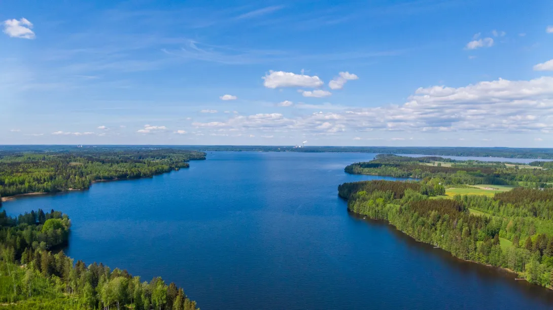 Ilmakuva Jäppilänniemestä. Keskellä järvi ja sivuilla metsää ja peltoaukeaa.