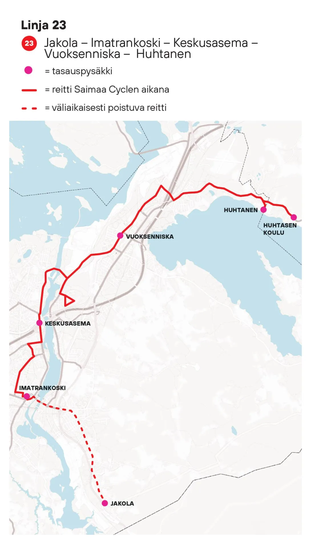 Paikallisliikenteen linjan 23 reitti Saimaa Cycle Tourin aikana.