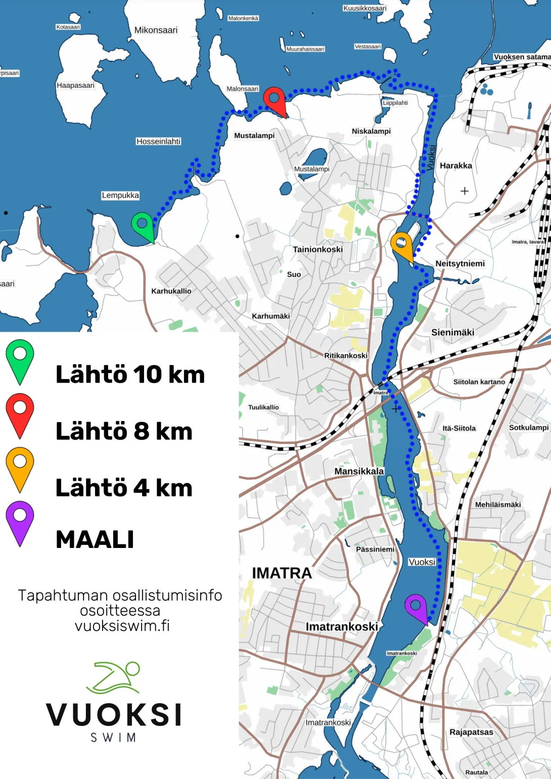 Vuoksi Swimin reittikartta, jossa 10, 8 ja 4 kilometrin reittien aloituspaikat ja maali.