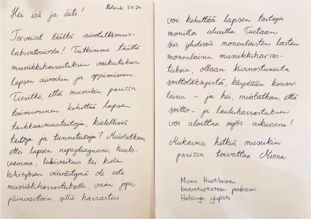 Aivotutkija Minna Huotilaisen kirje vanhemmille