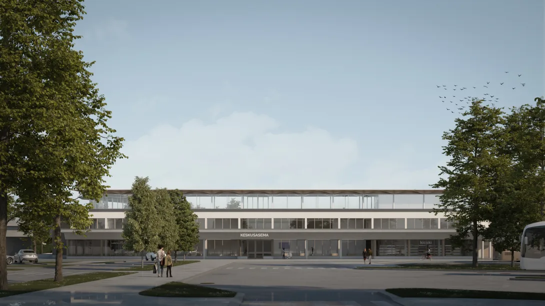 Imatran keskusaseman visualisoitu ulkokuva edestäpäin.