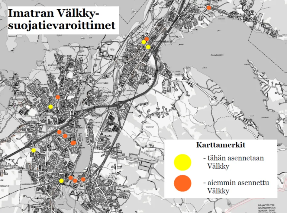 Karttakuvassa Imatran Välkky-suojatievaroittimet.