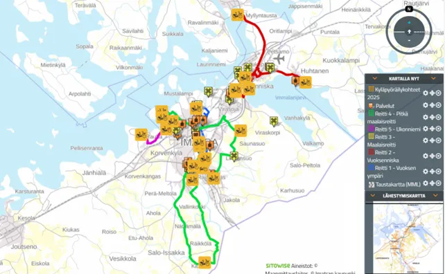 Imatran kyläpyöräilypäivän reitit ja kohteet kartalla 10.5.2025.