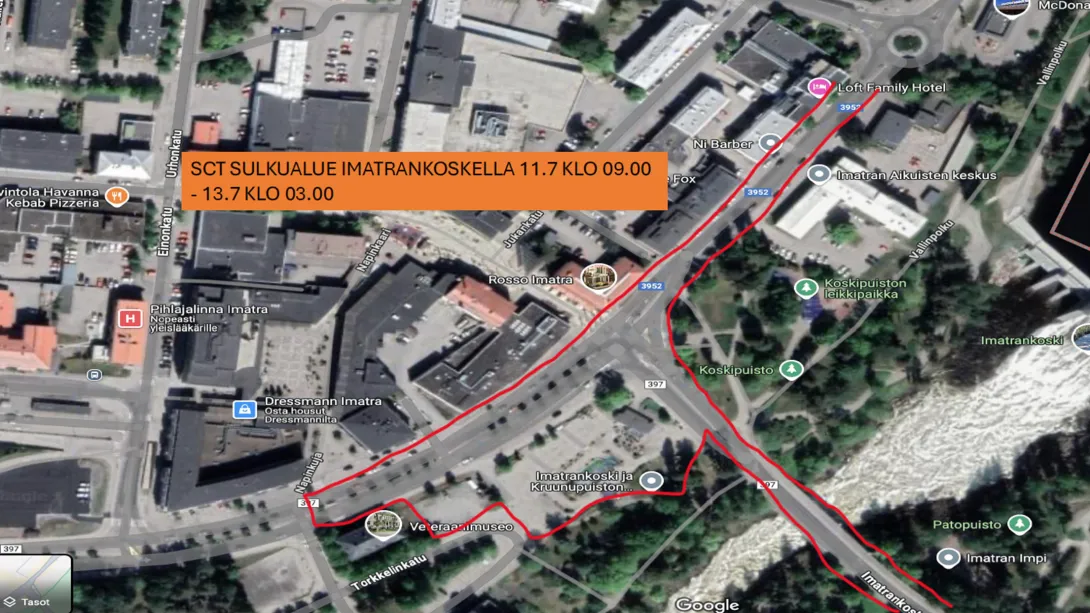 Karttakuva Imatrankosken suljetusta alueesta Saimaa Cycle Tourin aikana 11.-13.7.2025