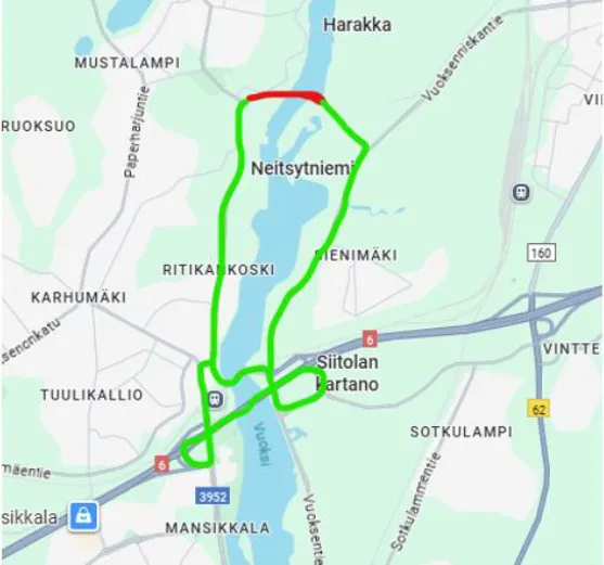 Kartalla punaisella merkitty sulkualue ja vihreällä sulun aikainen reitti liikenteelle.