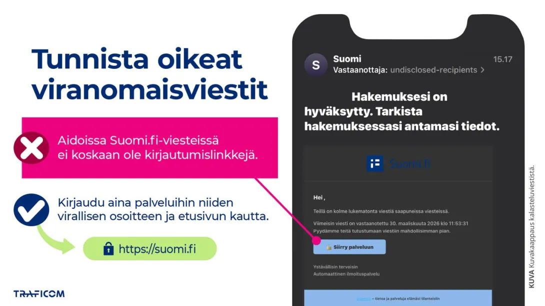 Suomi.fi-palvelun kalasteluviesti.