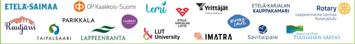 Valkoisella taustalla yhteistyökumppaneiden ja tukijoiden logoja riveittäin. Kuvassa näkyvät logot: Etelä-Saimaa, OP Kaakkois-Suomi, Lemi, Suomen Yrittäjät, Etelä-Karjalan Kauppakamari, Rotary Lappeenranta-Saimaa Rotaryklubi, Rautjärvi, Taipalsaari, Parikkala, Luumäki, Lappeenranta, LUT University, Etelä-Karjalan Liitto, Imatra, Ruokolahti, Savitaipale ja Raija ja Ossi Tuuliaisen Säätiö.